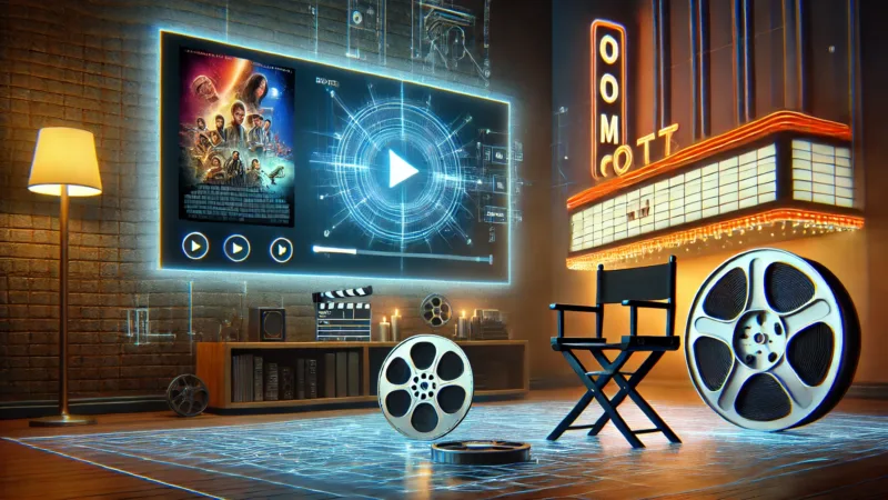 A modern home theater setup showcasing a streaming platform interface on a large screen, with a director's chair and film reel in the foreground, symbolizing the blend of traditional filmmaking and OTT distribution.