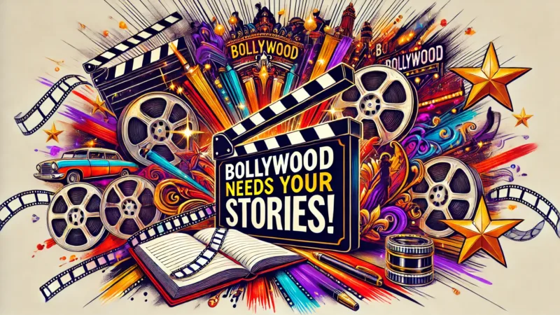 Colorful Bollywood-themed design featuring a movie clapperboard, scripts, and writing tools, with a vibrant backdrop of film reels, stage lights, and dancing silhouettes. The text reads, 'Bollywood Needs Your Stories!