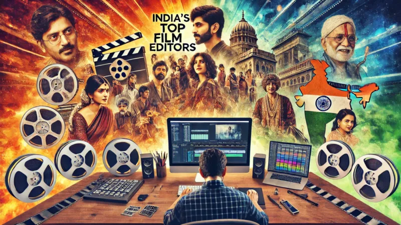 Collage celebrating India's top film editors with film reels, editing tools, and iconic Bollywood movie scenes, symbolizing the art of cinematic storytelling.